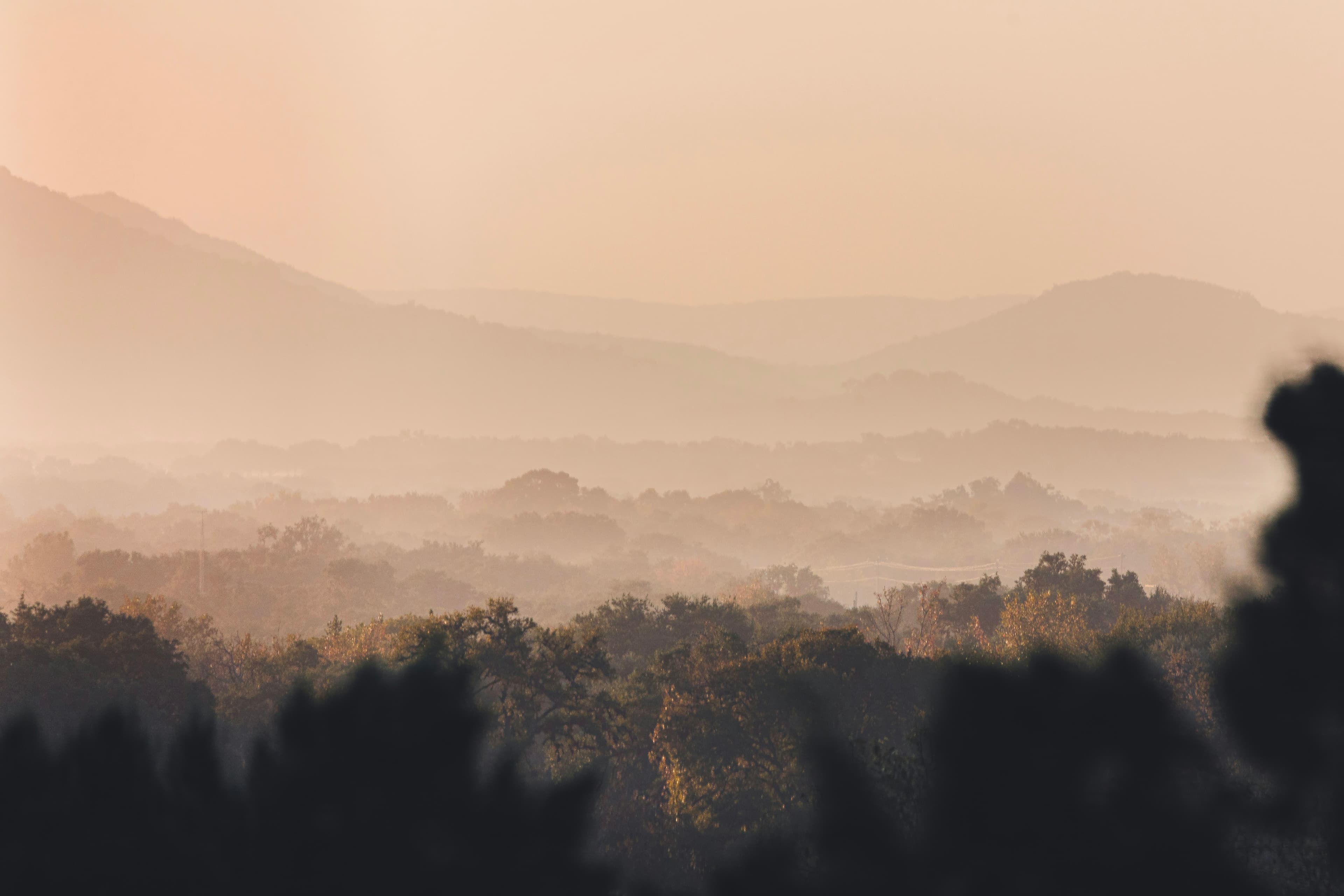 Hills fading into morning haze above a wooded valley